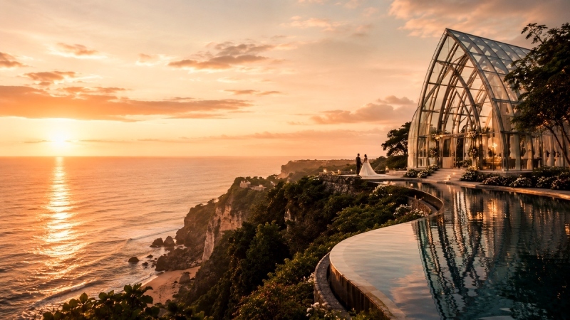 Cliffside glass chapel wedding venue at golden hour
