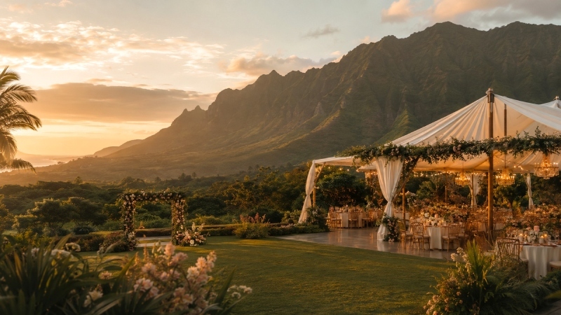 Mountain garden tented wedding at sunset