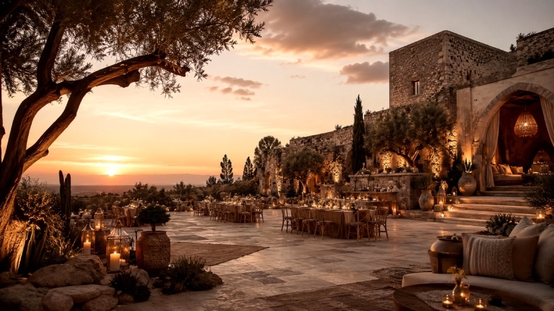 Sunset courtyard wedding reception with candles