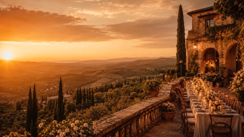 Tuscan terrace wedding dinner at golden hour