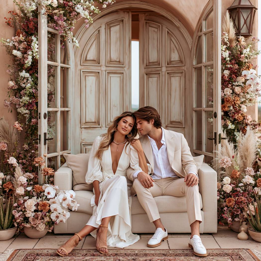 Bohemian Bride registry couple surrounded by florals