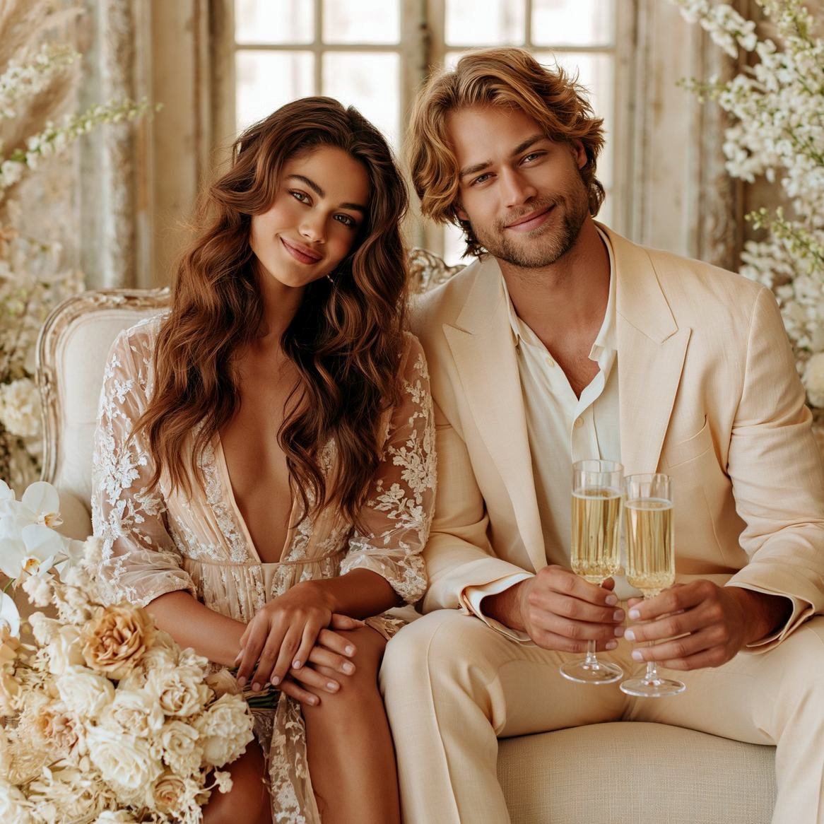 Bohemian Bride couple with champagne