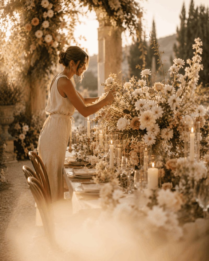 Florist arranging romantic wedding flowers and candlelit tablescape