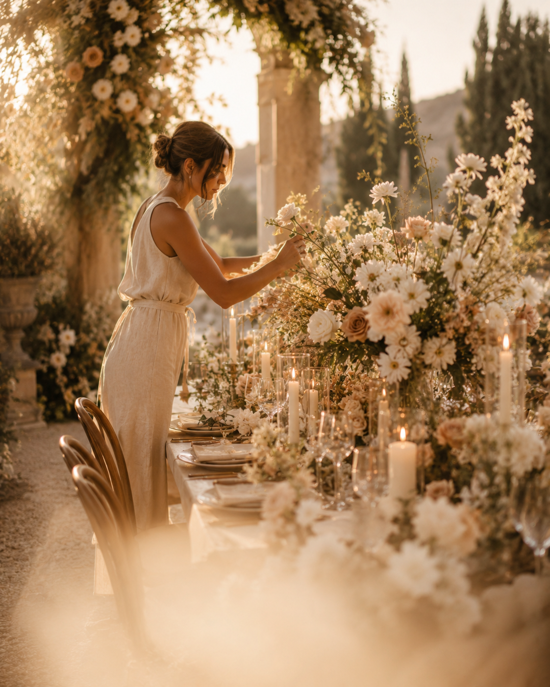 Florist arranging romantic wedding flowers and candlelit tablescape